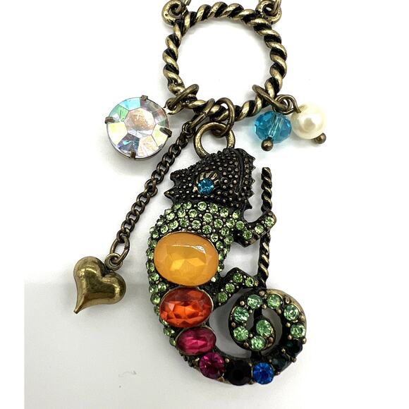 Betsey Johnson Necklace Gecko Multi Color Crystals on Ring with Dangles 21" Rare - Picture 3 of 7